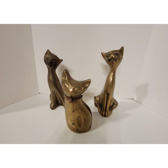 Vintage Set of 3 Whimsical Hollow MCM Brass Cat Figurines Statues - Picture 1 of 9